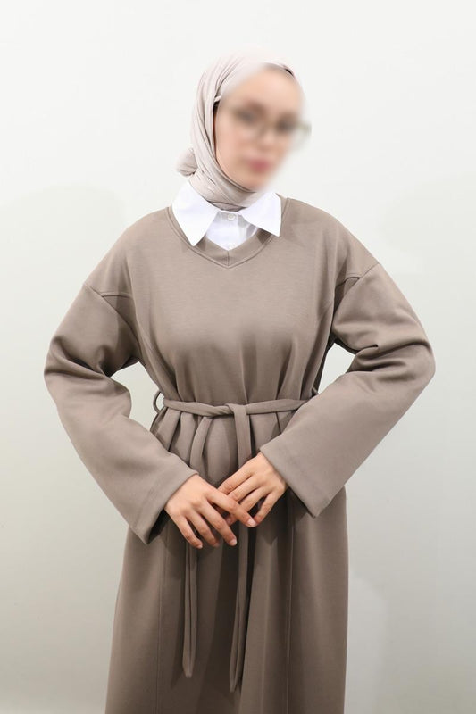 Schwarzes Sweatshirtkleid mit V-Ausschnitt - Taupe
