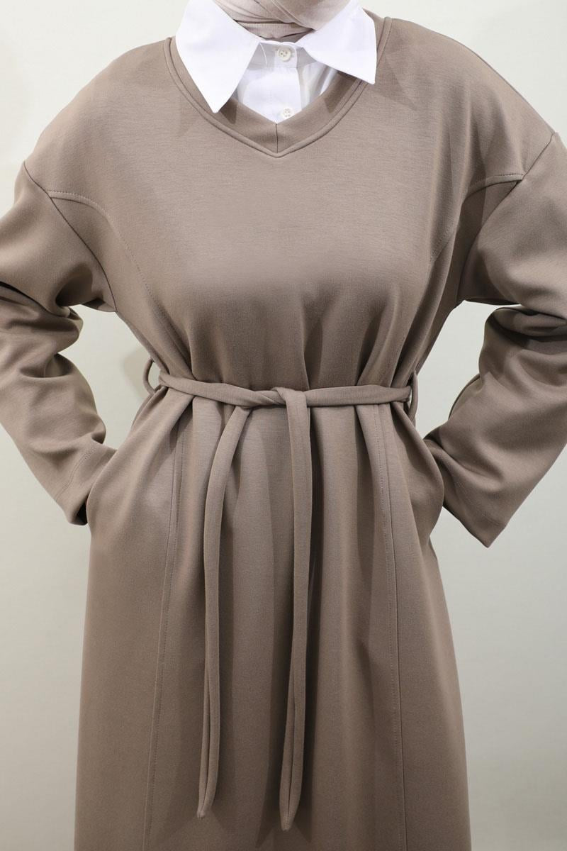 Schwarzes Sweatshirtkleid mit V-Ausschnitt - Taupe