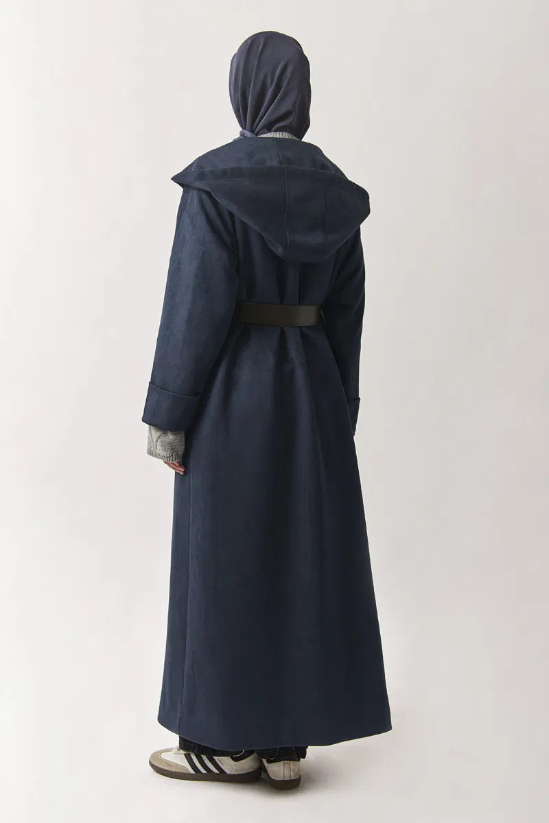 Trenchcoat aus Wildlederimitat mit Kapuze - bleu marine