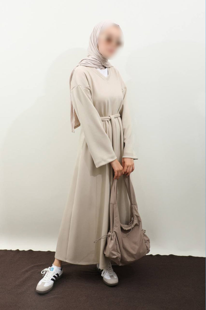 Vestido sudadera negro con cuello en V - Crema 