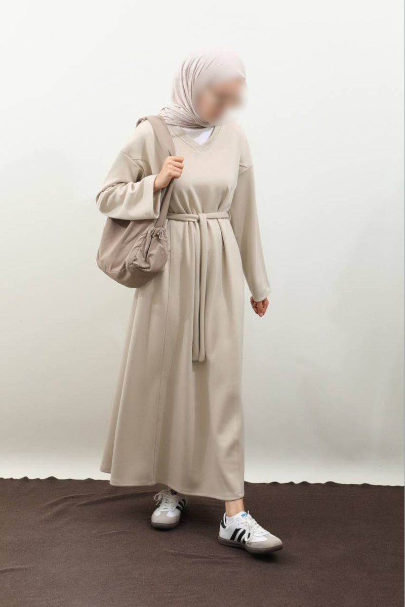 Vestido sudadera negro con cuello en V - Crema 