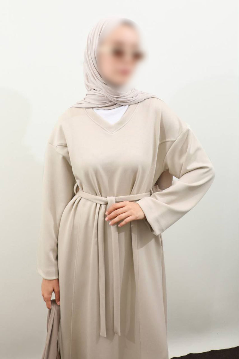 Vestido sudadera negro con cuello en V - Crema 