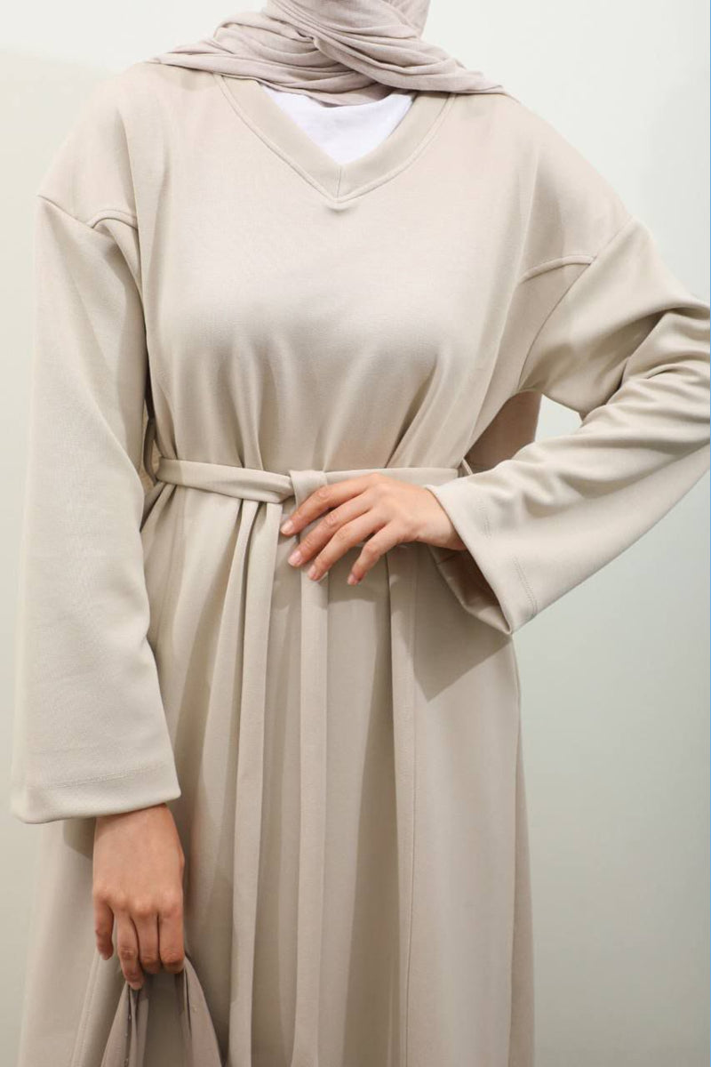 Vestido sudadera negro con cuello en V - Crema 