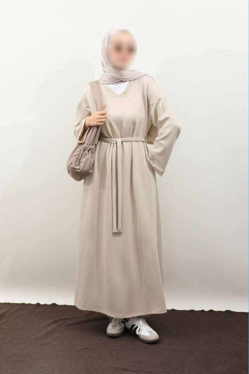 Vestido sudadera negro con cuello en V - Crema 