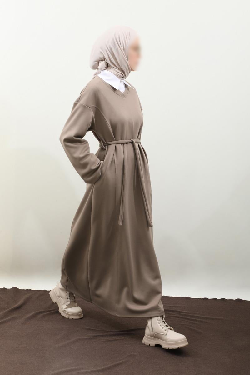 Schwarzes Sweatshirtkleid mit V-Ausschnitt - Taupe
