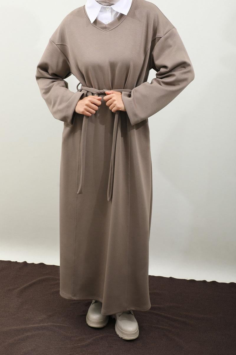 Schwarzes Sweatshirtkleid mit V-Ausschnitt - Taupe