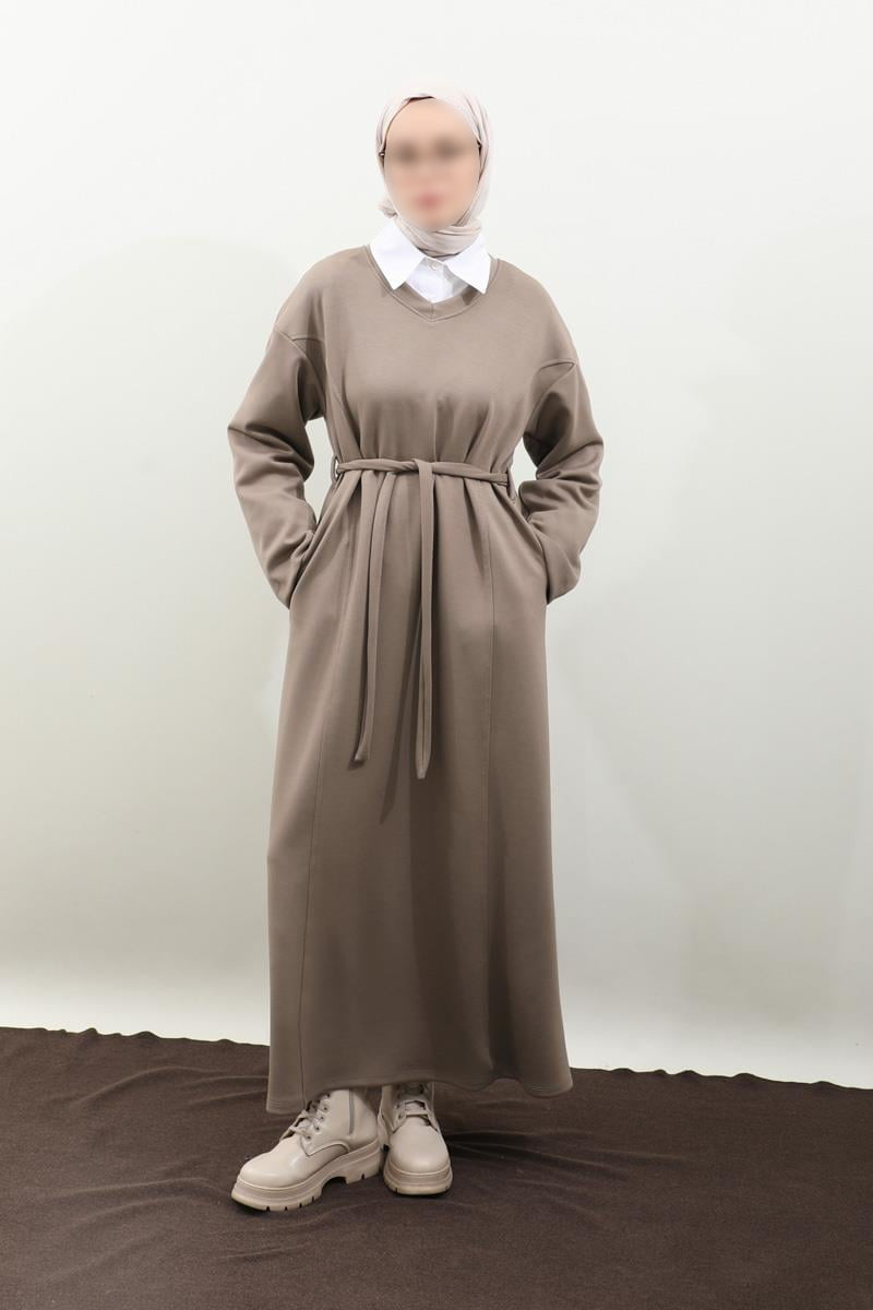 Schwarzes Sweatshirtkleid mit V-Ausschnitt - Taupe