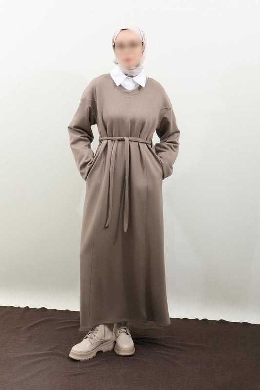 Schwarzes Sweatshirtkleid mit V-Ausschnitt - Taupe