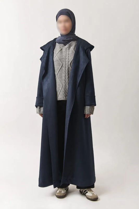 Trenchcoat aus Wildlederimitat mit Kapuze - bleu marine