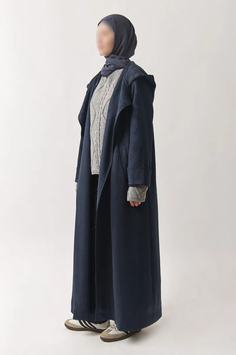 Trenchcoat aus Wildlederimitat mit Kapuze - bleu marine