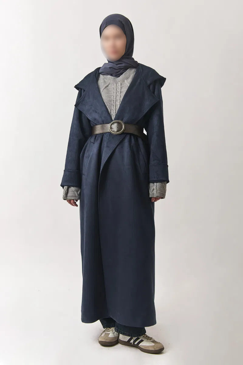 Trenchcoat aus Wildlederimitat mit Kapuze - bleu marine
