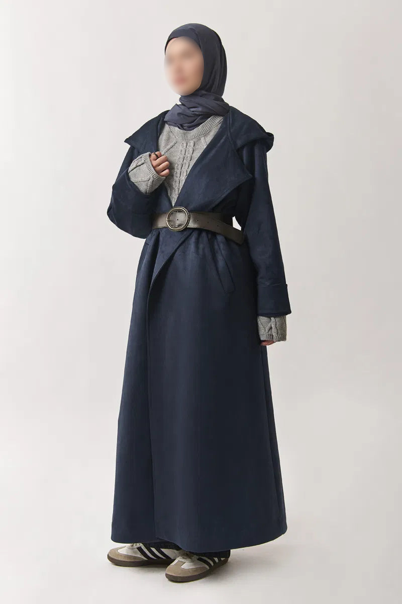 Trenchcoat aus Wildlederimitat mit Kapuze - bleu marine