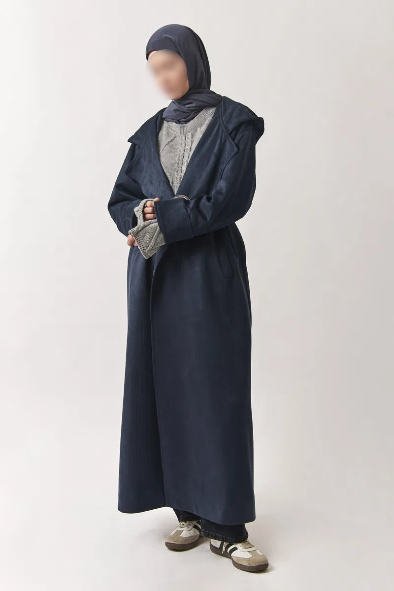 Trenchcoat aus Wildlederimitat mit Kapuze - bleu marine