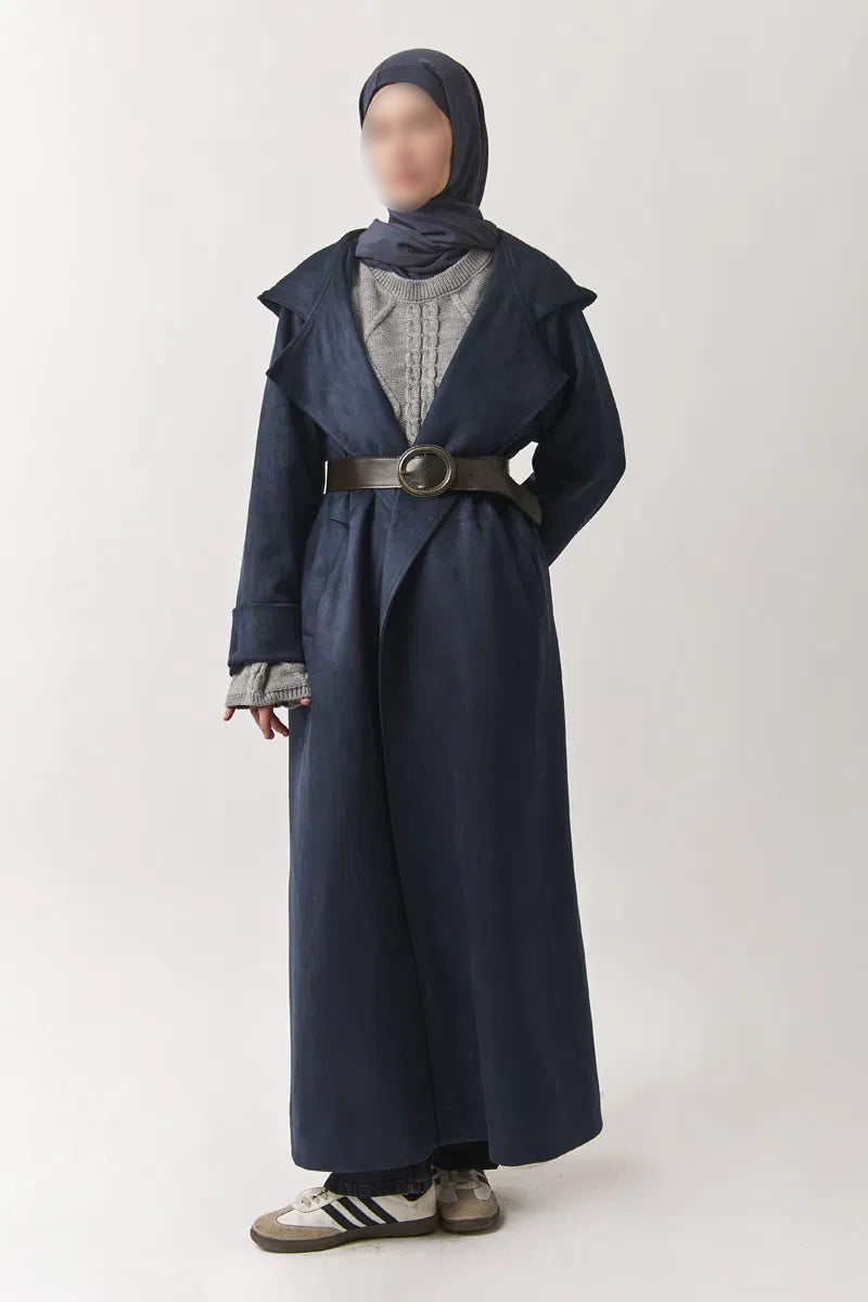 Trenchcoat aus Wildlederimitat mit Kapuze - bleu marine