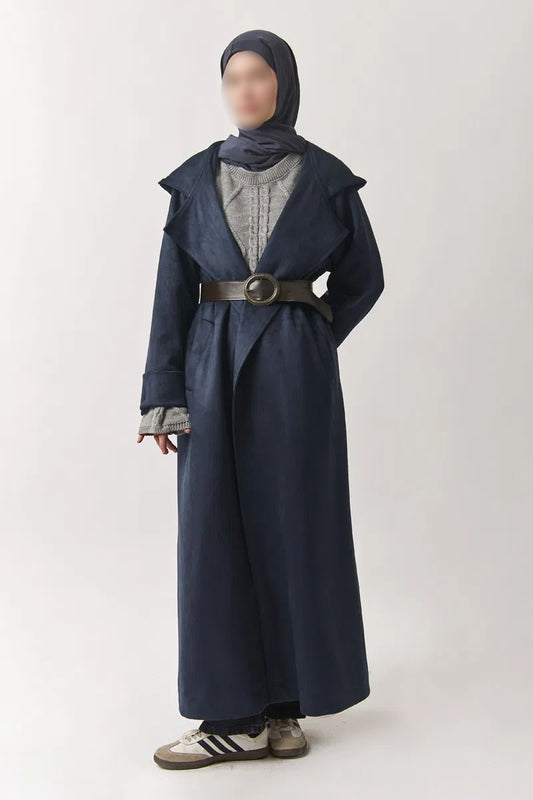 Trenchcoat aus Wildlederimitat mit Kapuze - bleu marine