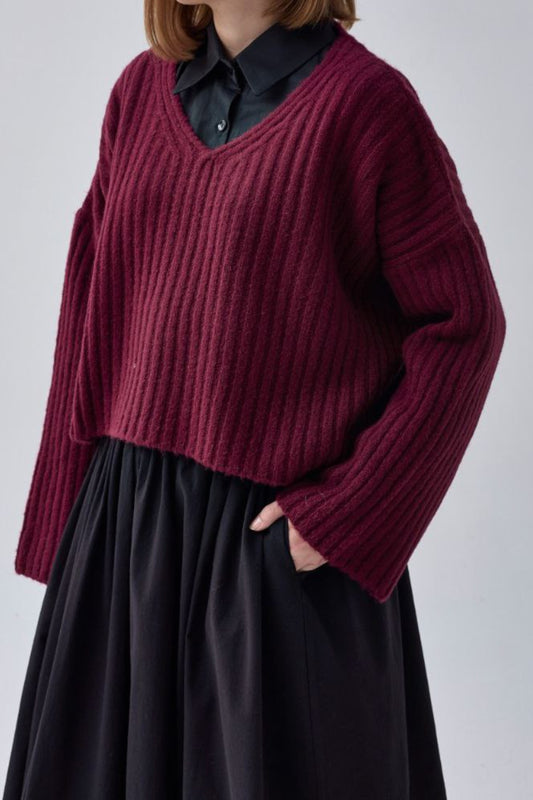 V-Ausschnitt Crop-Pullover – Bordeaux