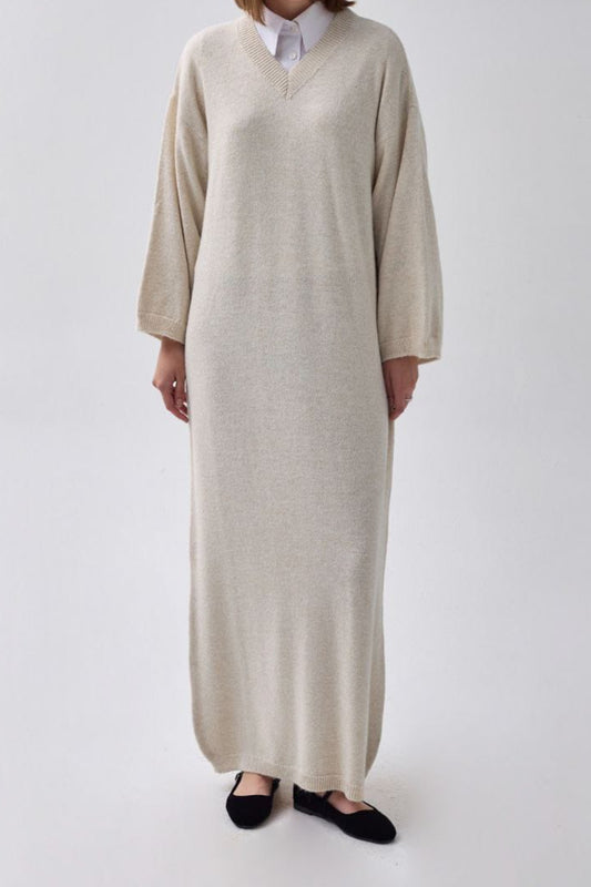 V-Ausschnitt Strickkleid Stein