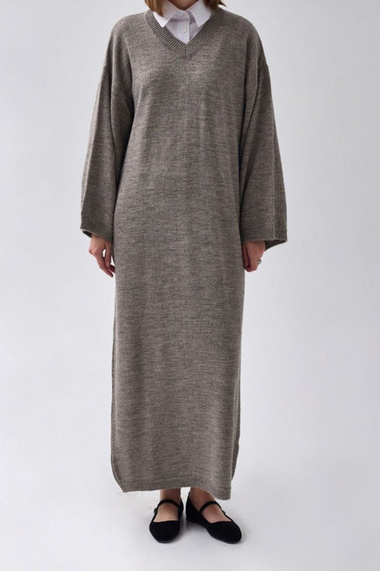 V-Ausschnitt Strickkleid Erde