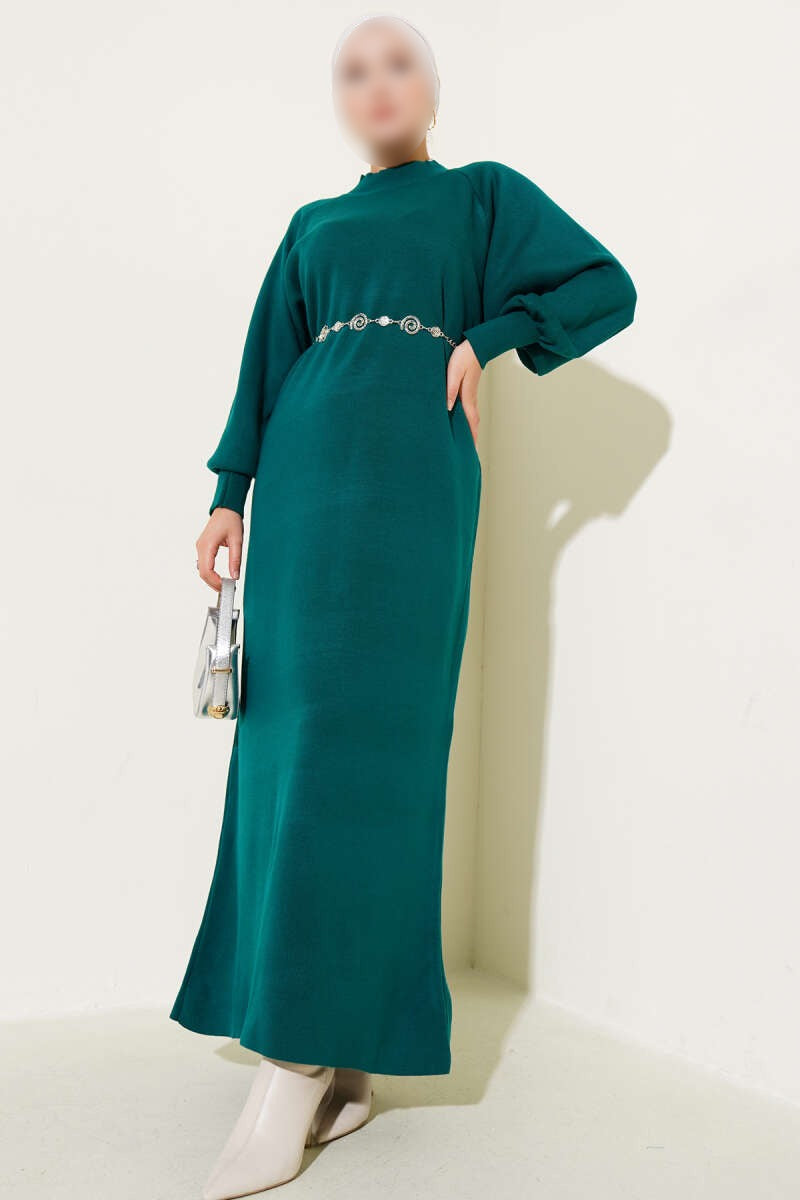 Vestido de punto verde con mangas abullonadas