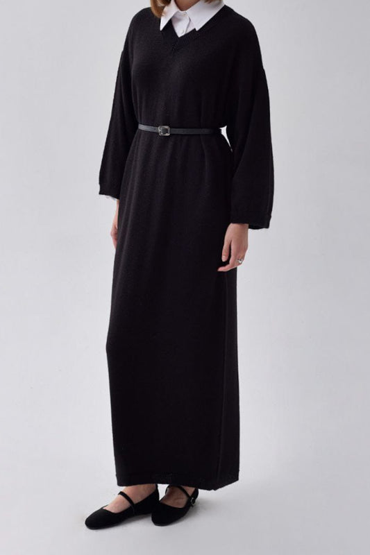 V-Ausschnitt Strickkleid Schwarz